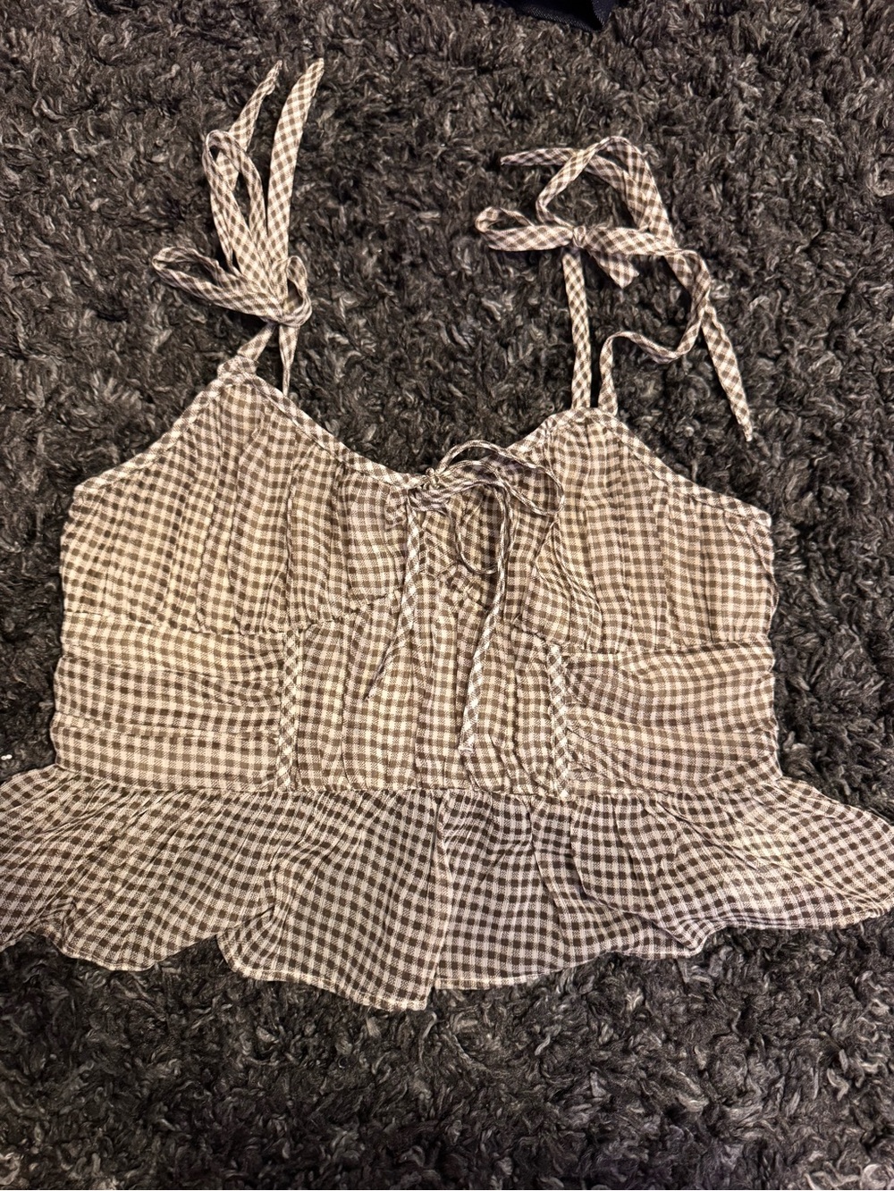 American Eagle Gingham Tie-Shoulder Peplum Crop Top - Brown/White